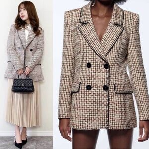 Zara Cream, Pink & Black Double Breasted Tweed Jacket like New Size XS